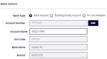 Bank details form fields including - Phone number, work phone number, personal mobile phone number, email address, home email address.