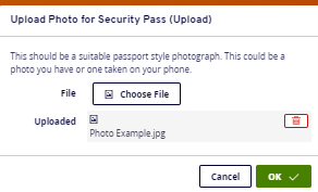 Upload photo for security pass (Upload) option view