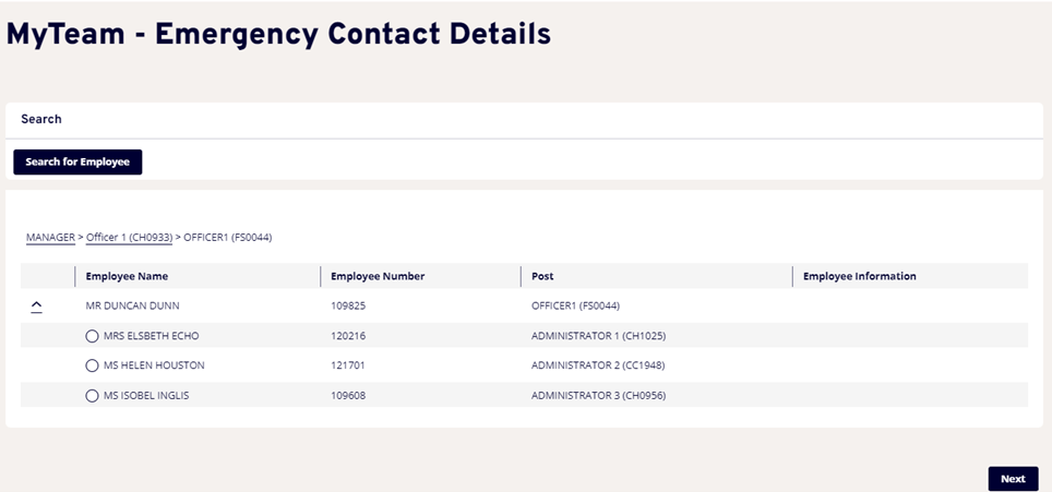MyTeam - Emergency Contact Details showing list of employees