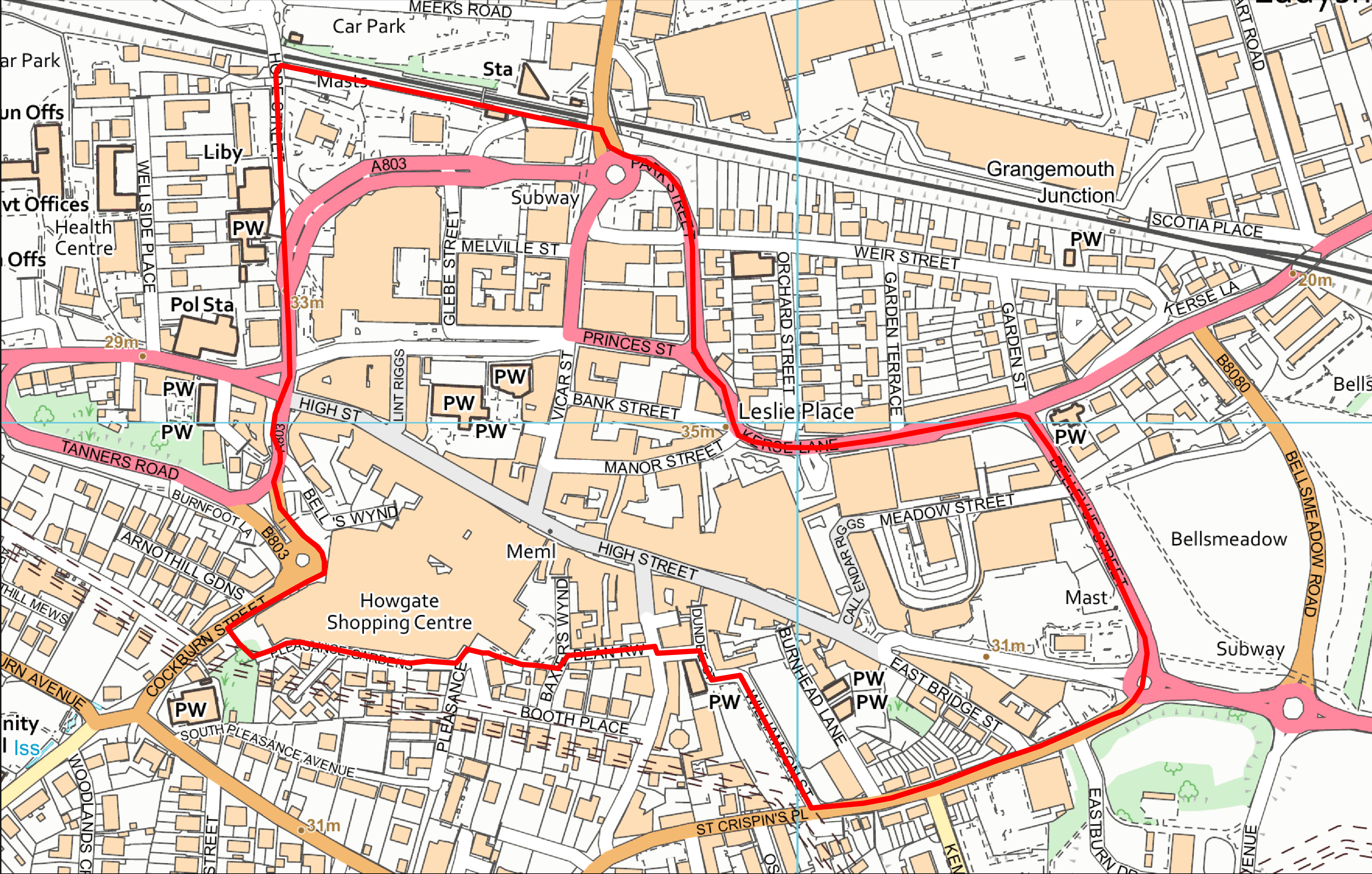 Falkirk Town Centre map showing site search area